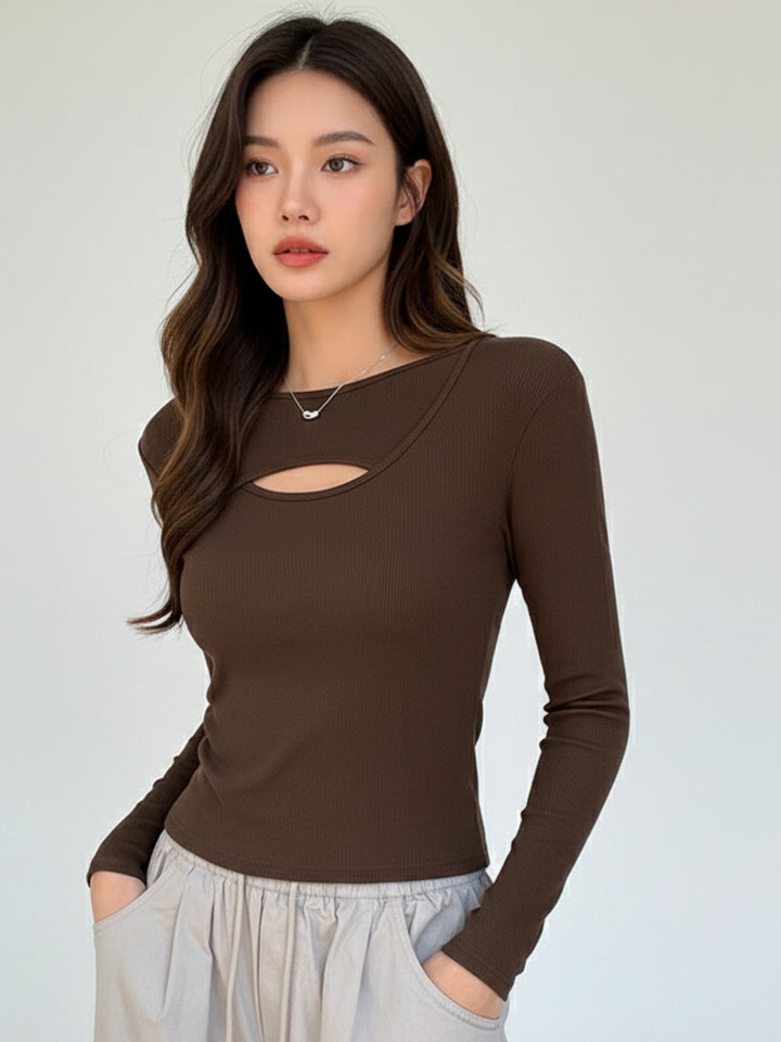 Brown Full Sleeve Neck Cut-Out Fitted Top