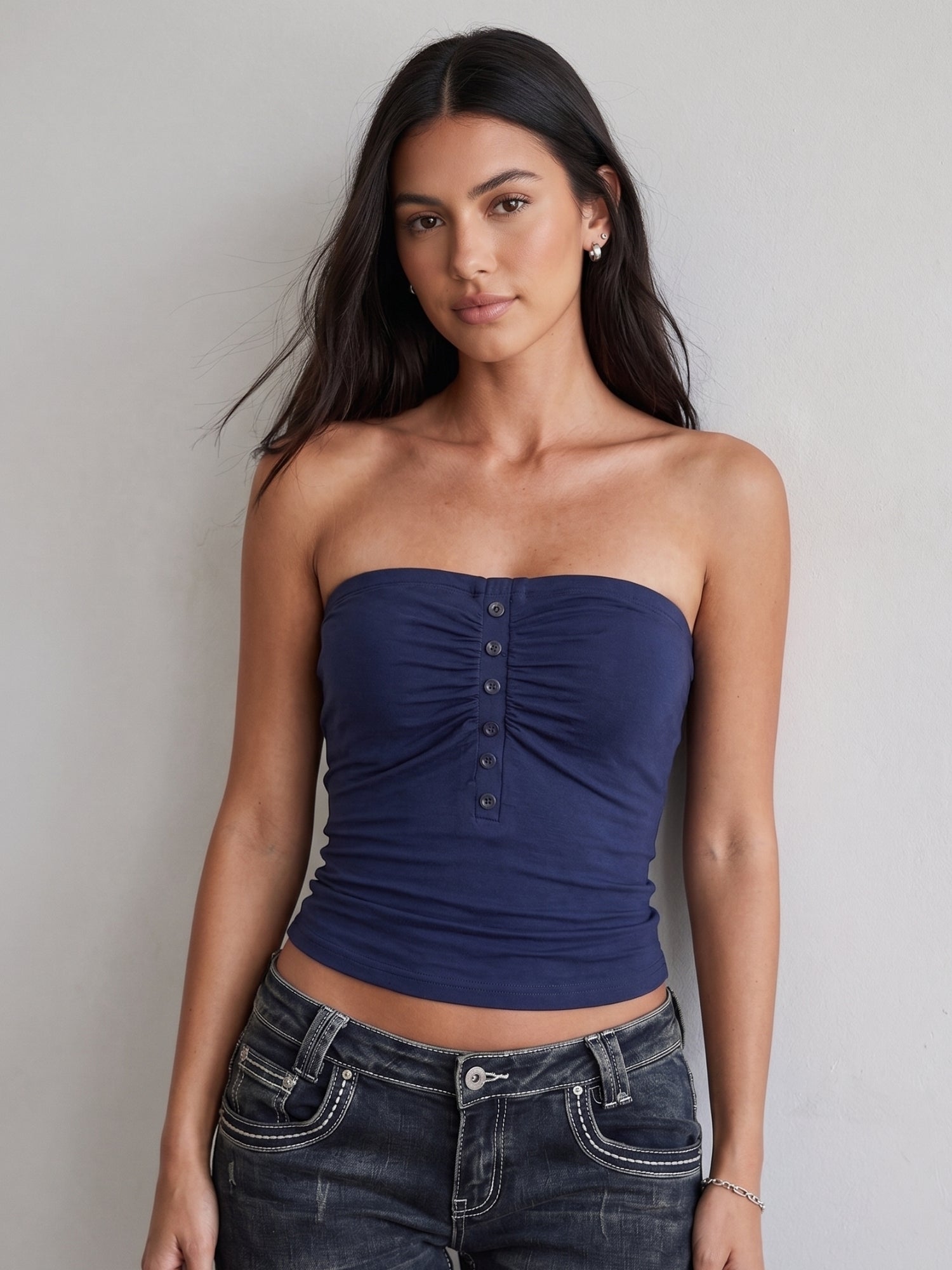 Navy Blue Off Shoulder Fitted Tank