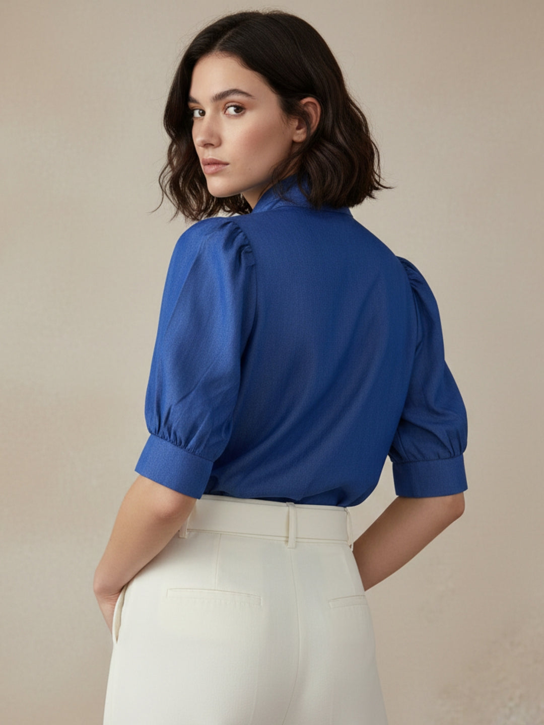 Blue Puff Sleeved Large Bow Detail Neck Blousson