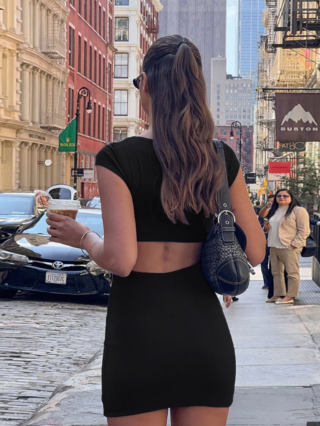 Black Short Sleeve Square Neck Dress