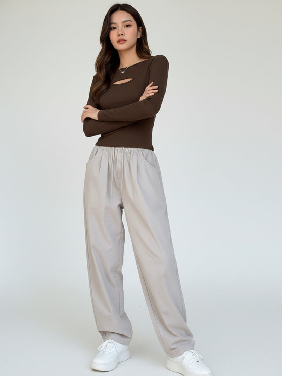 Brown Full Sleeve Neck Cut-Out Fitted Top