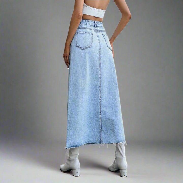 Light Blue Midi Denim Skirt With Freyed Hem