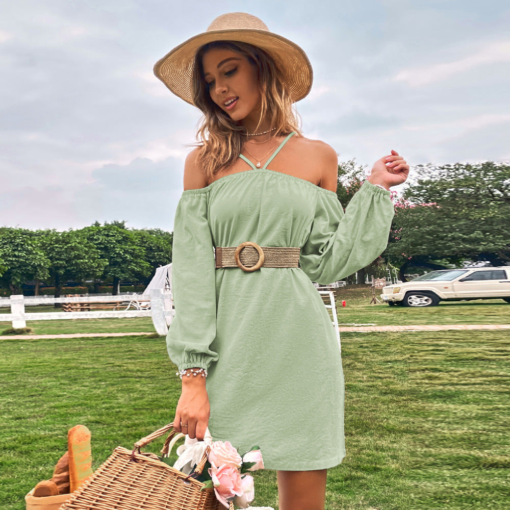 Green Cold Shoulder Bishop Sleeve Dress