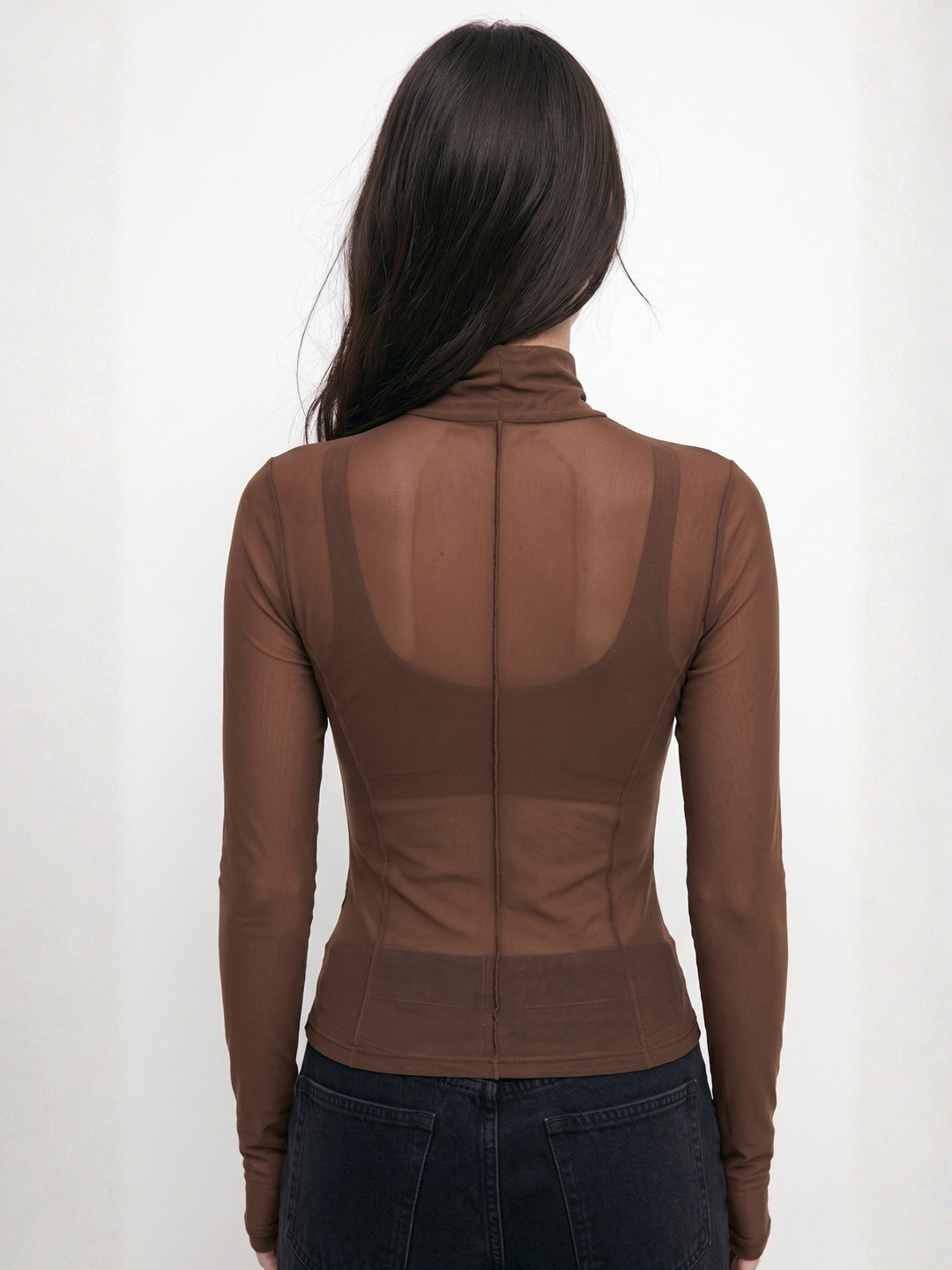 Brown Full Sleeve Mesh Top