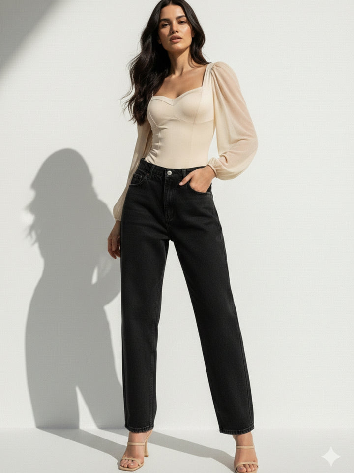 Cream Bishop Sleeve Sweetheart Neck Bodysuit