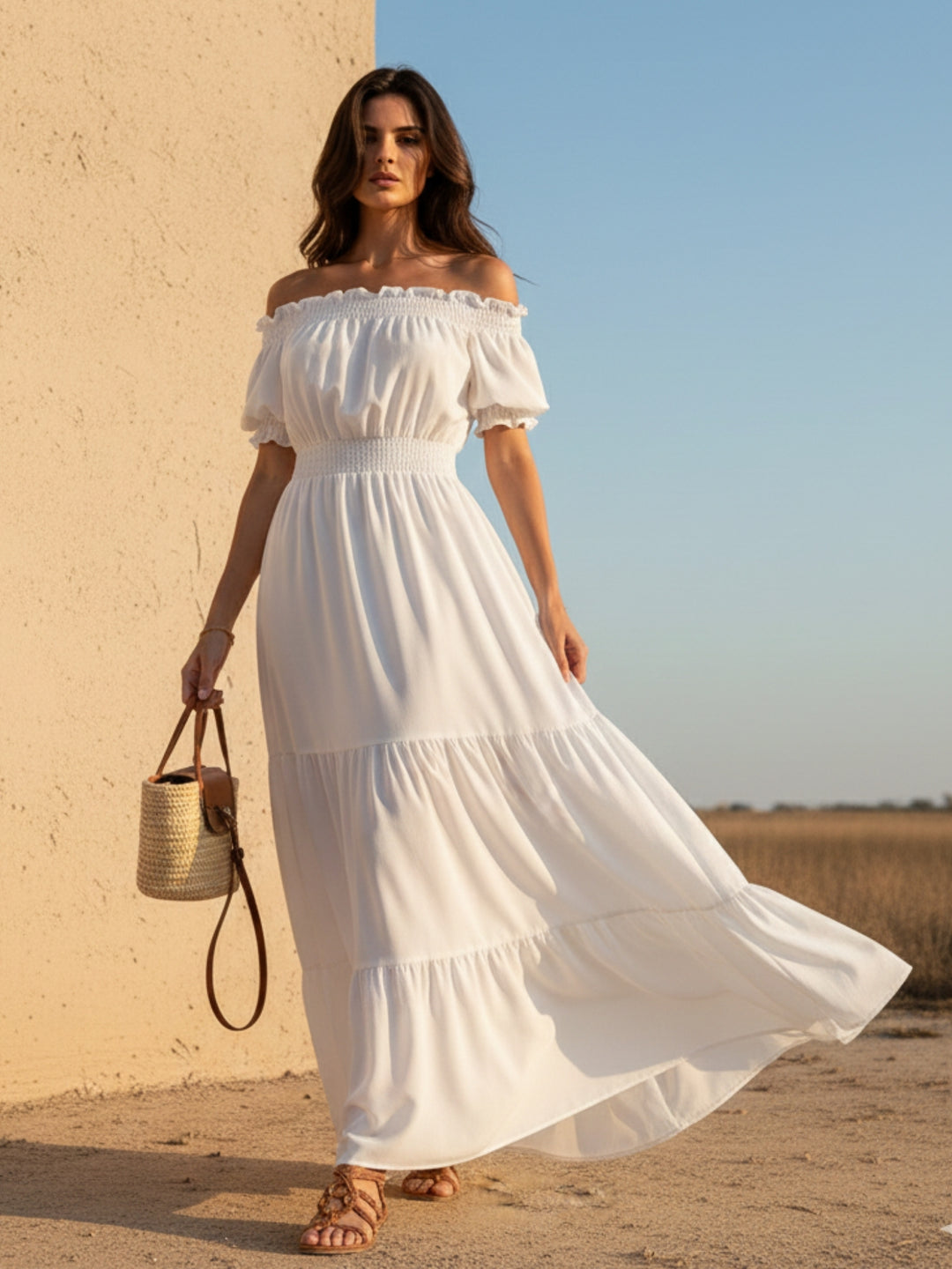 White Short Sleeve Off Shoulder Dress