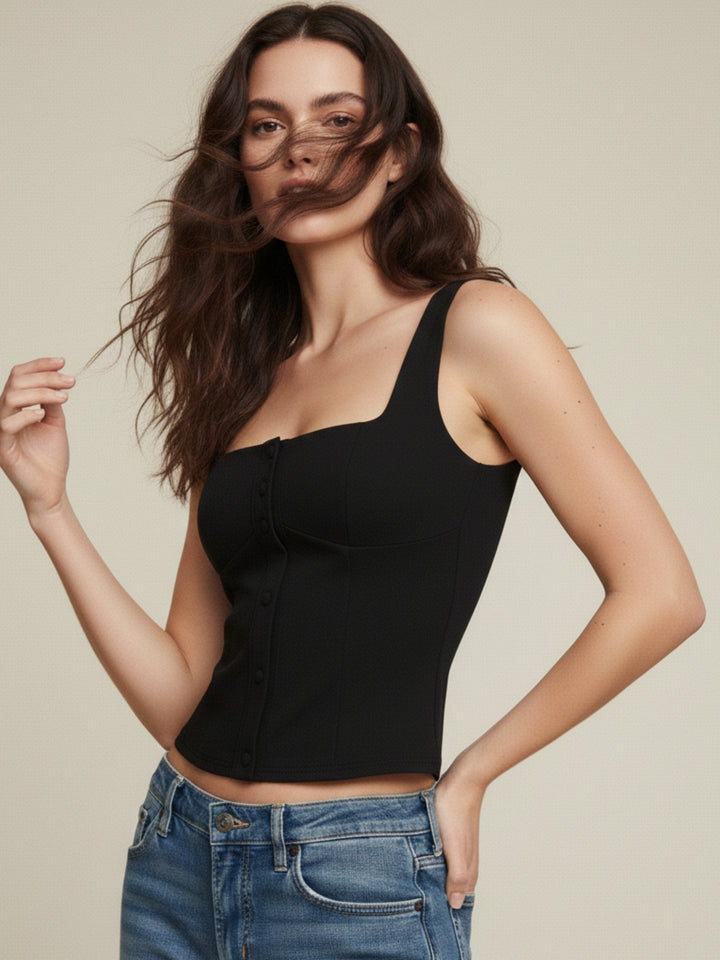 Black Shoulder Strap Front Buttoned Tank