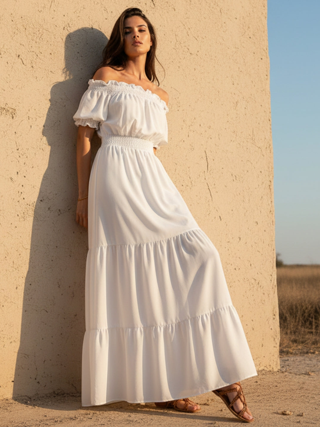 White Short Sleeve Off Shoulder Dress