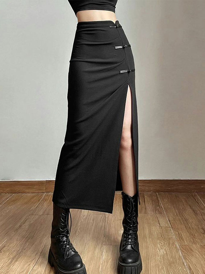 Black Side Slit With Button Midi Skirt
