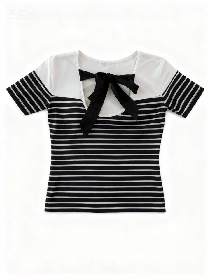 White Short Sleeve Striped Back Bow Top