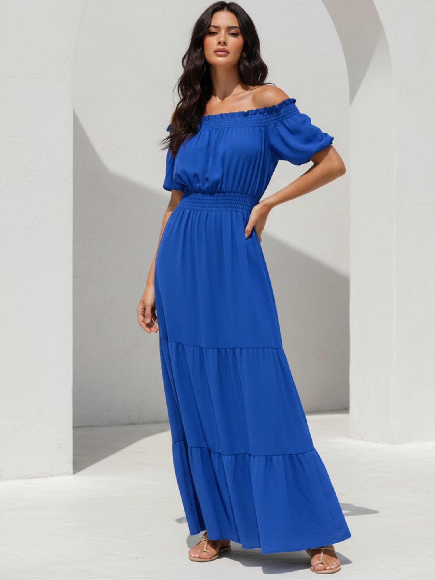 Blue Short Sleeve Off Shoulder Dress