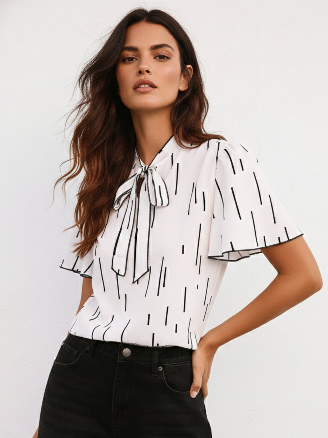 White Flutter Sleeved Printed Blouse