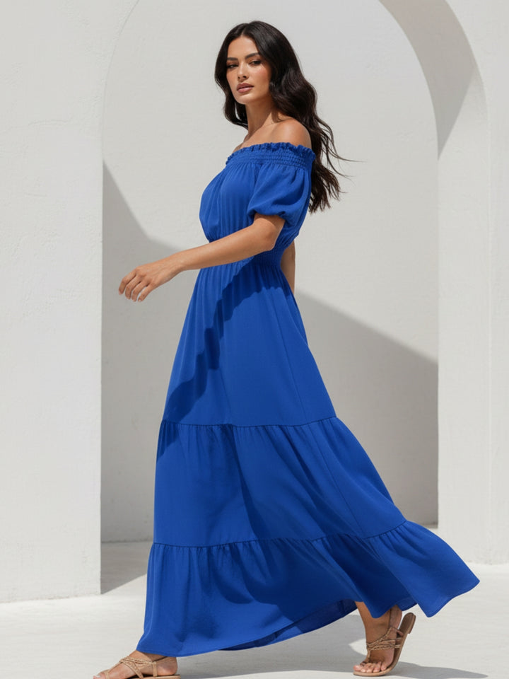 Blue Short Sleeve Off Shoulder Dress