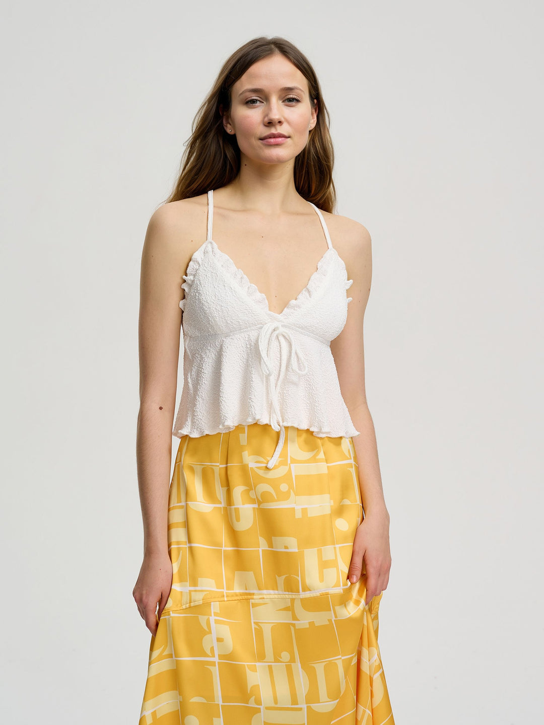 White Strappy Top With Ruffle Detail
