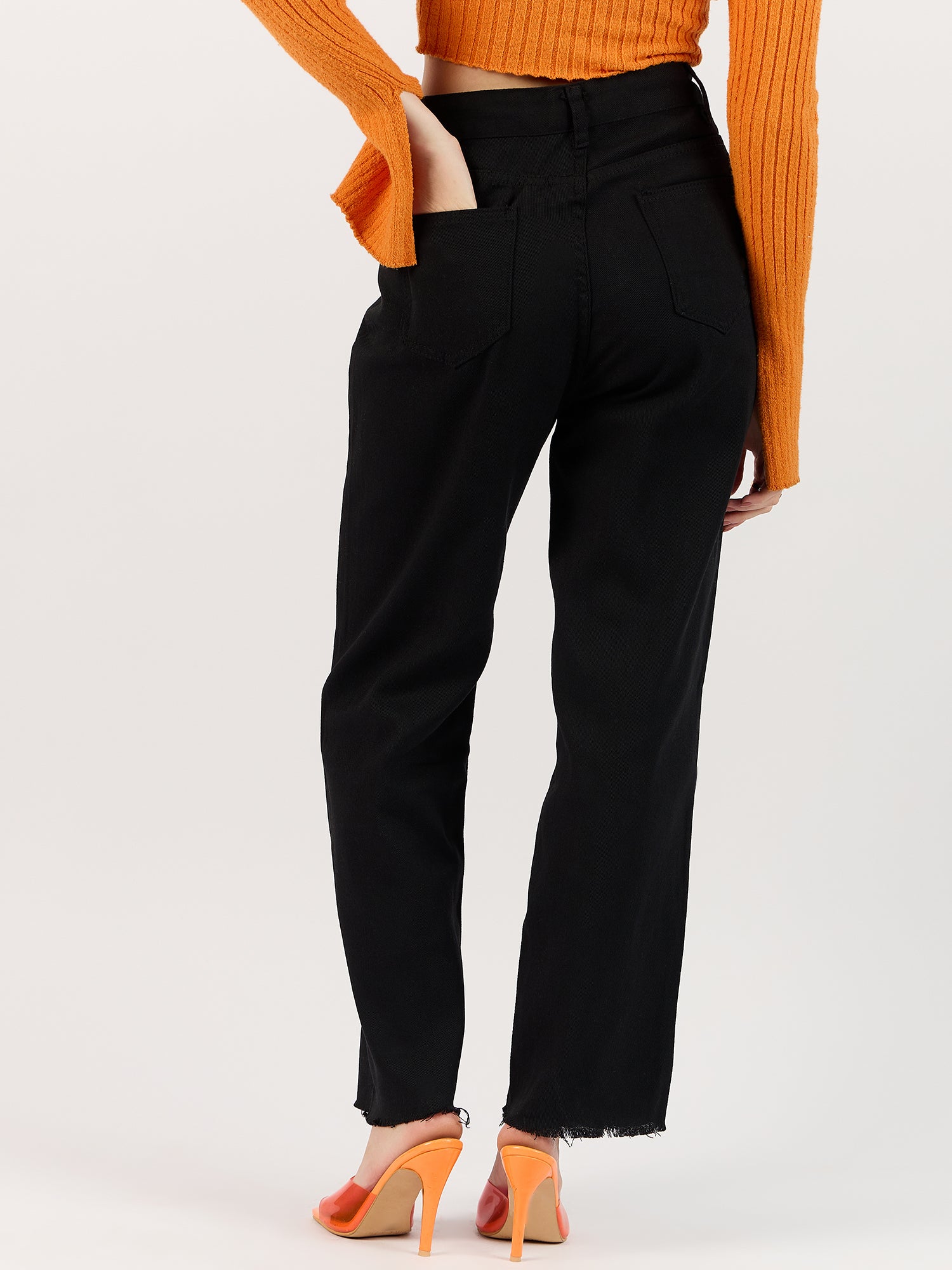 Black Freyed Hem Straight Denim Jeans
