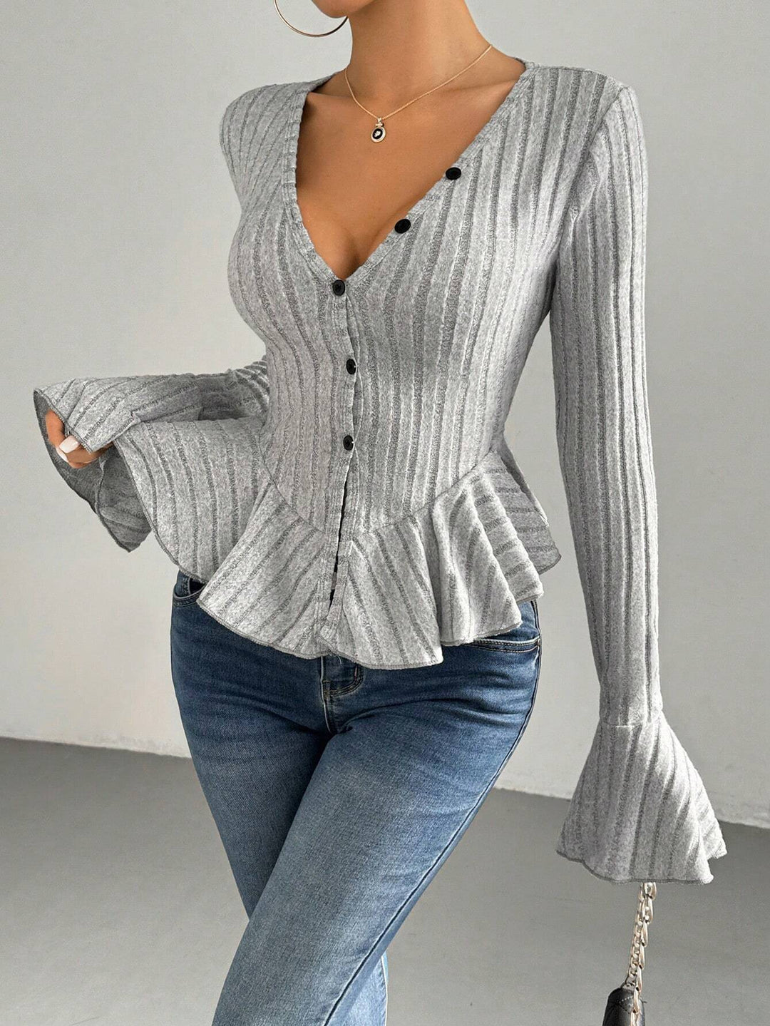 Grey Button Down Peplum Hem Top
