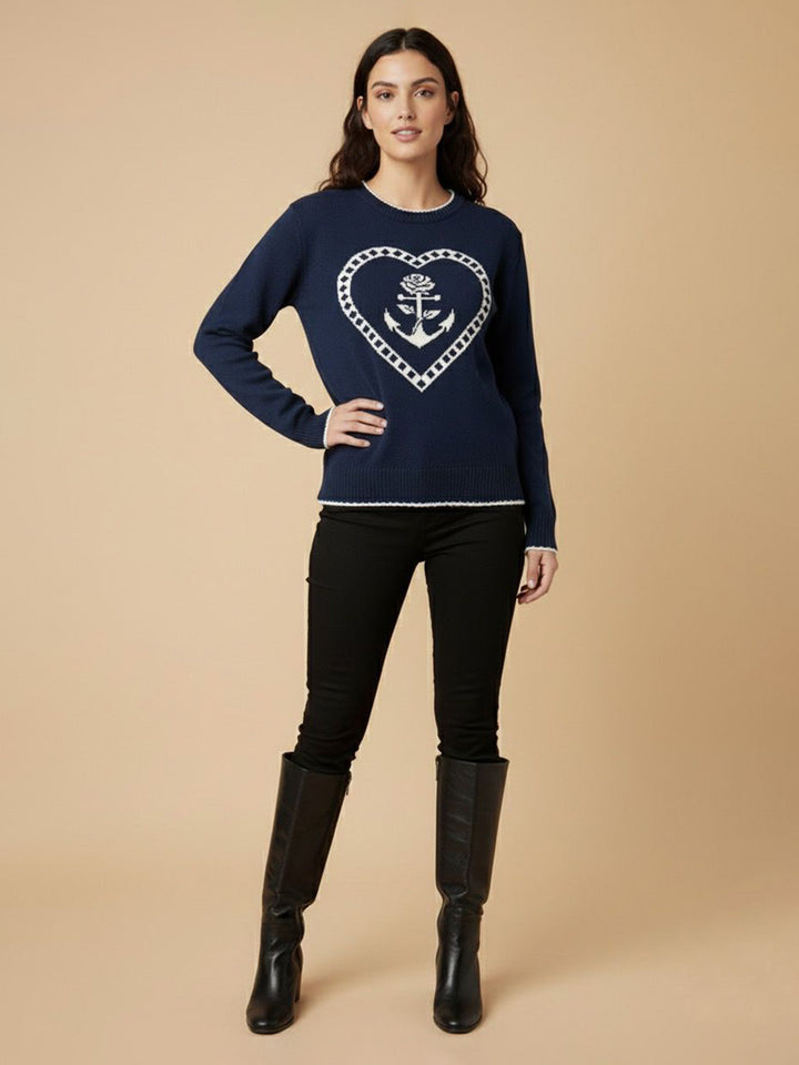 Navy Blue Contrast Stitch Hem And Neck With Graphic Sweater