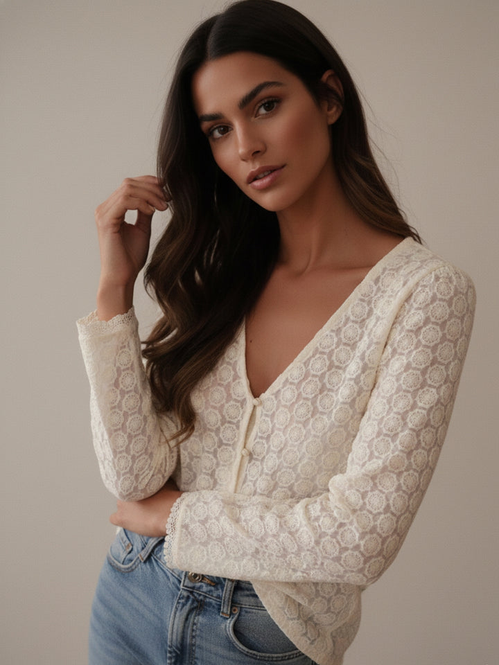Cream Plunge Neck Textured Blouse