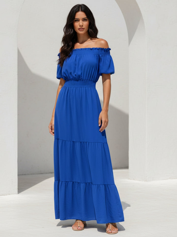 Blue Short Sleeve Off Shoulder Dress