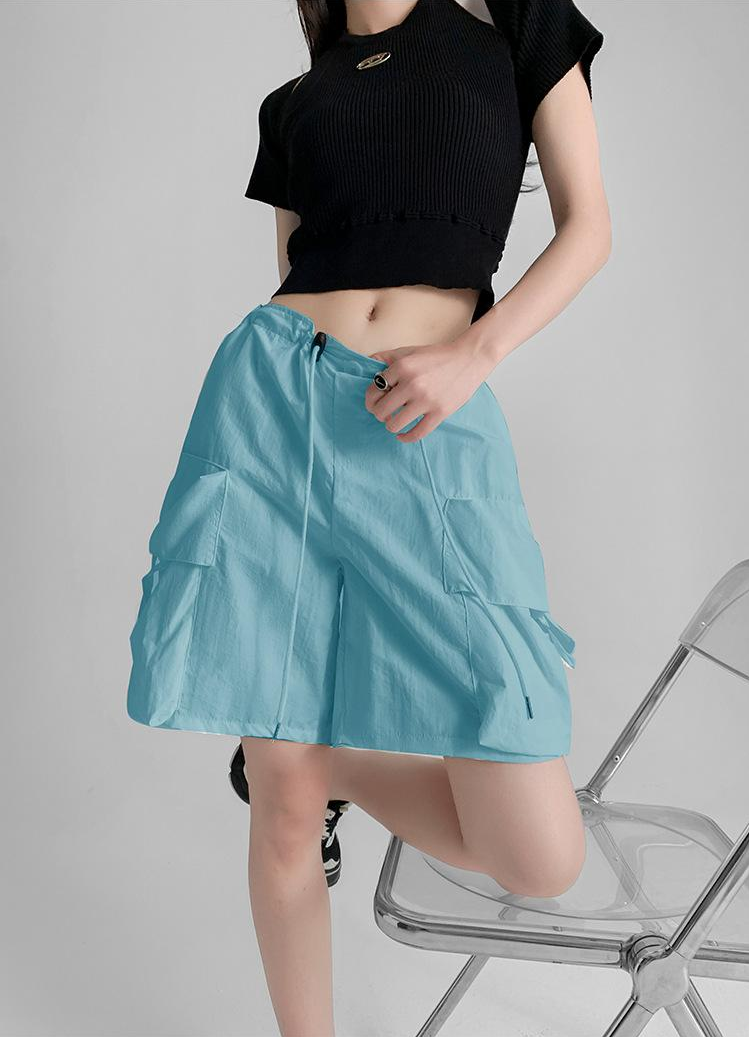 Blue Relaxed Fit Drawstring Cargo Shorts