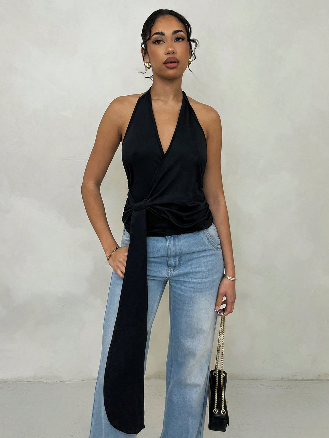 Black Halter Neck Wrap Top