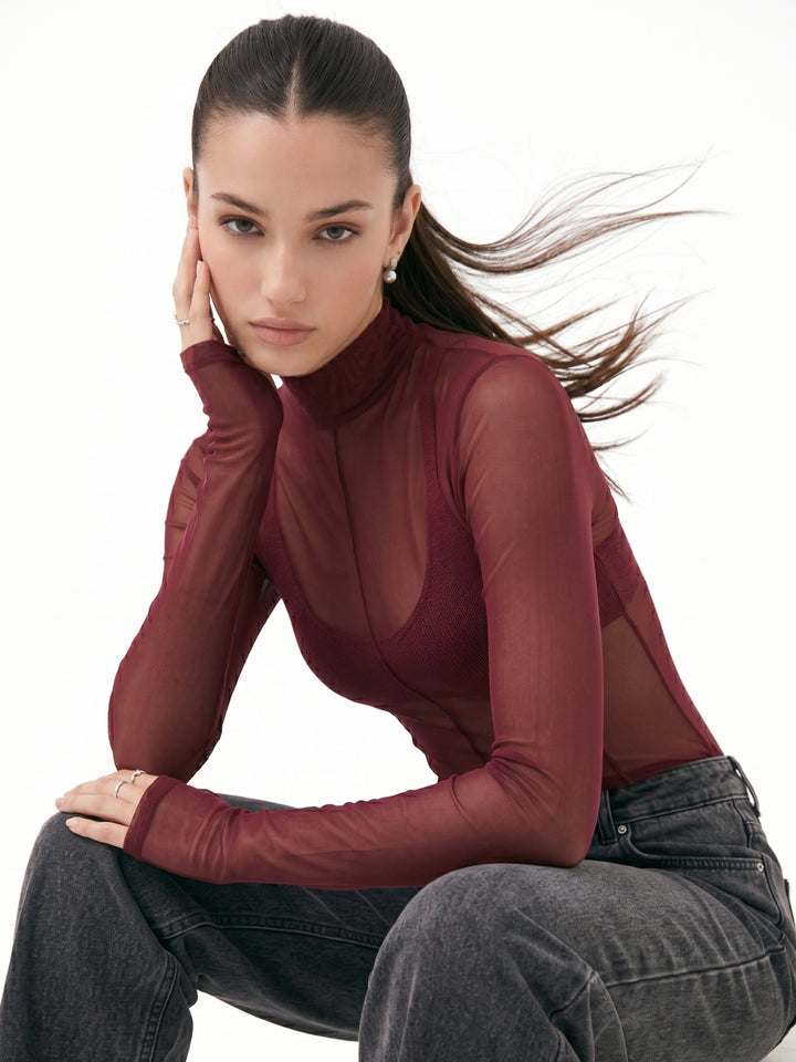Maroon Full Sleeve Mesh Top