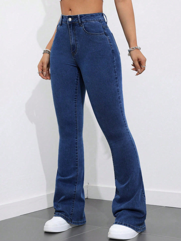 Navy Blue Clean Washed Flared Jeans