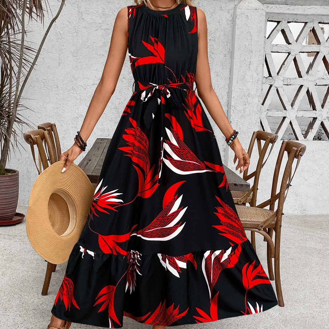 Black Printed A Line Belt Tie Up Dress