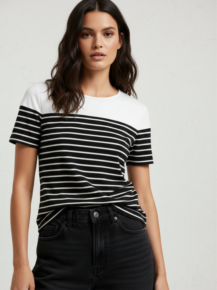 White Short Sleeve Striped Back Bow Top