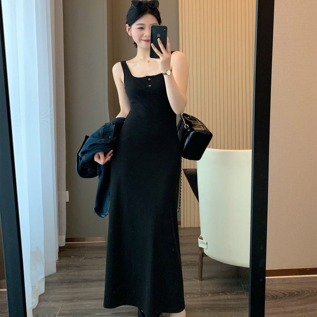 Solid Black Button Down Jersey Dress