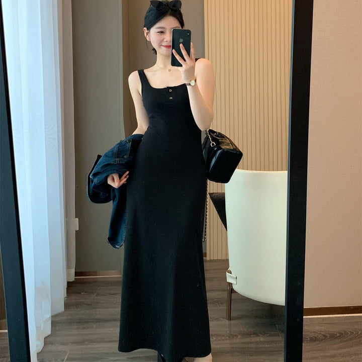 Solid Black Button Down Jersey Dress