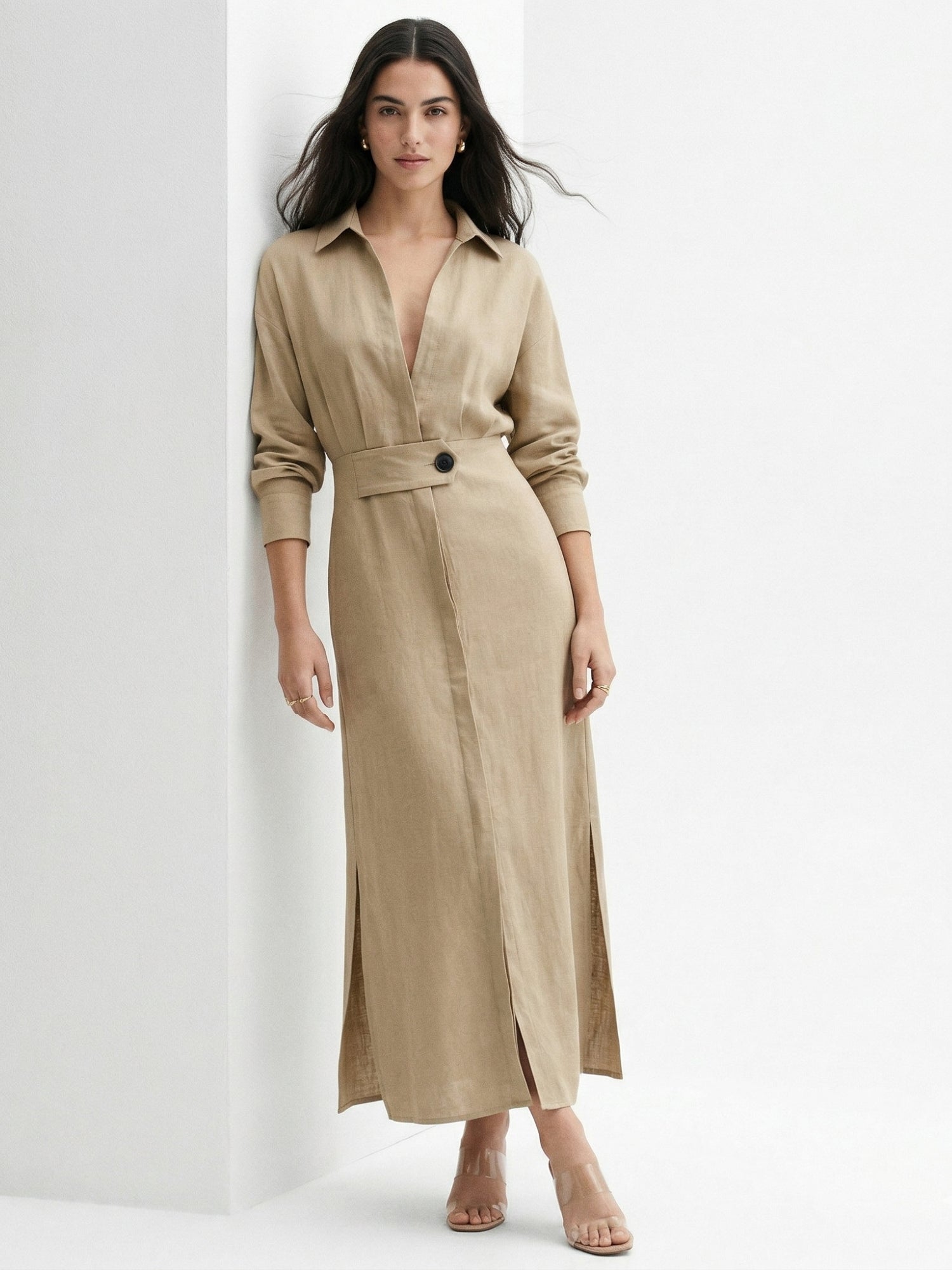 Beige Shirt Dress With Side Slit
