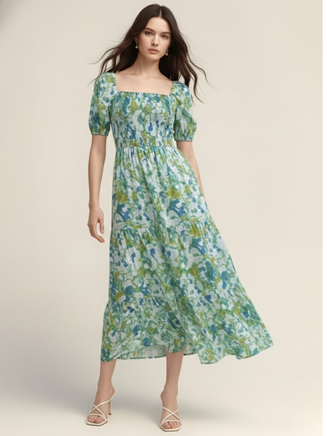 Green Square Neck Puff Sleeves Tiered