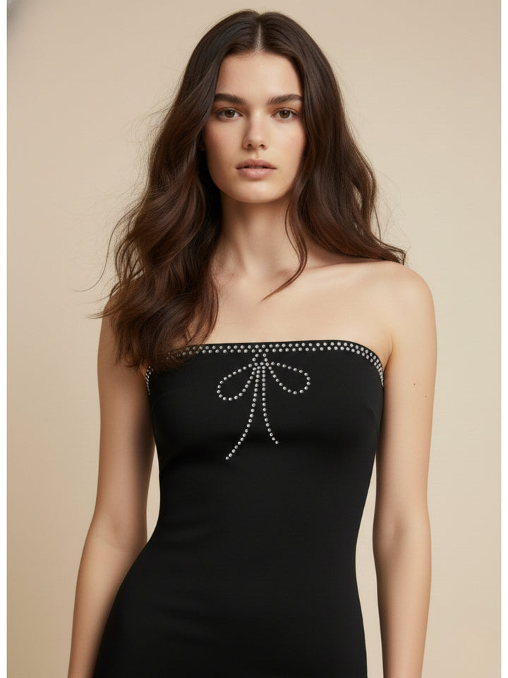 Black Strapless Studded Bow Detailed Dress