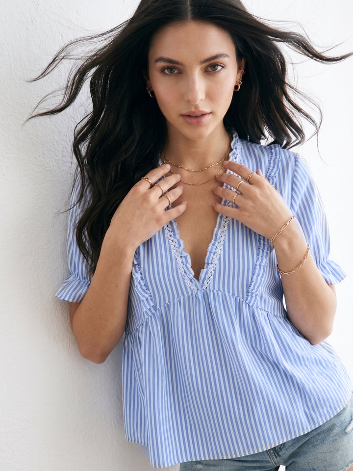 Light Blue Ruffle Sleeve V Neck Top