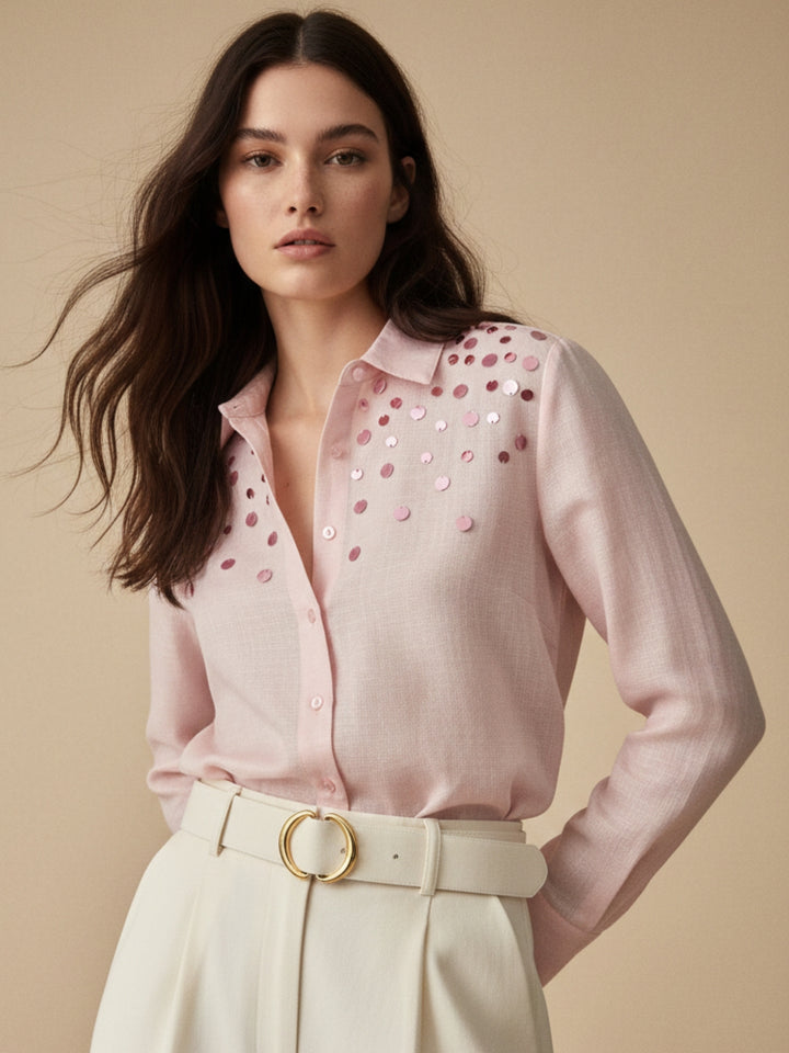 Pink Elegant Relaxed Fit Womens Shirt With Sequin Embellishment Detail