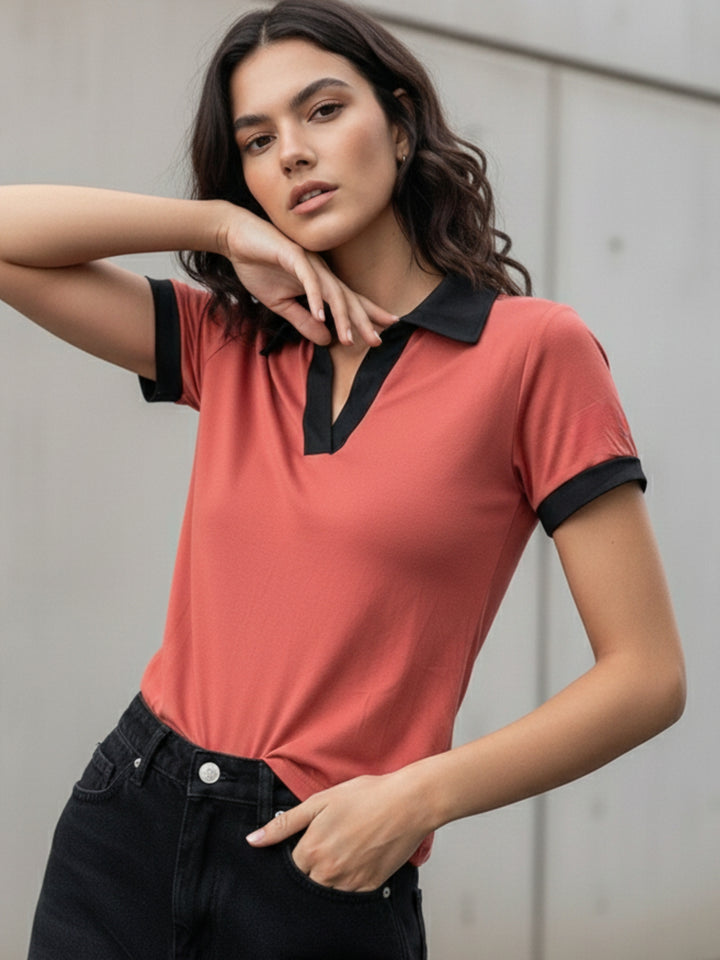 Rust Contrast Binding Knit Top
