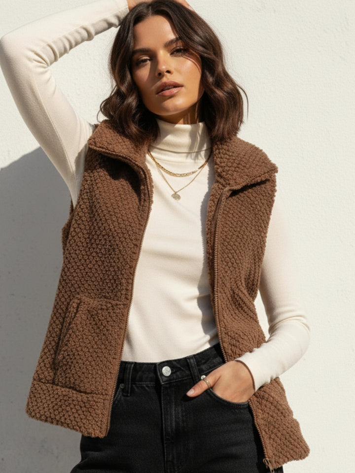 Brown Sleeveless Zip Front Textured Jacket