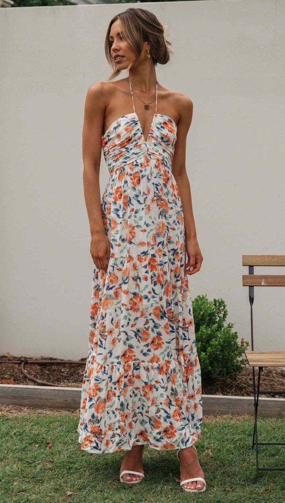 Multi Halter Neck Fit And Flare Maxi Dress