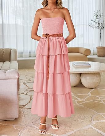 Peach Tube Smoked Dress With Ruffled Layers