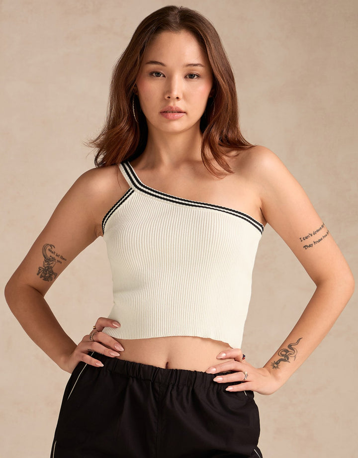 White One Shoulder Flat Knit Tank