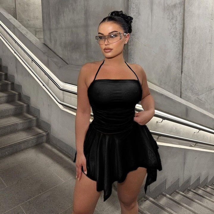 Black Shoulder Strap Asymmetrical Backless Dress