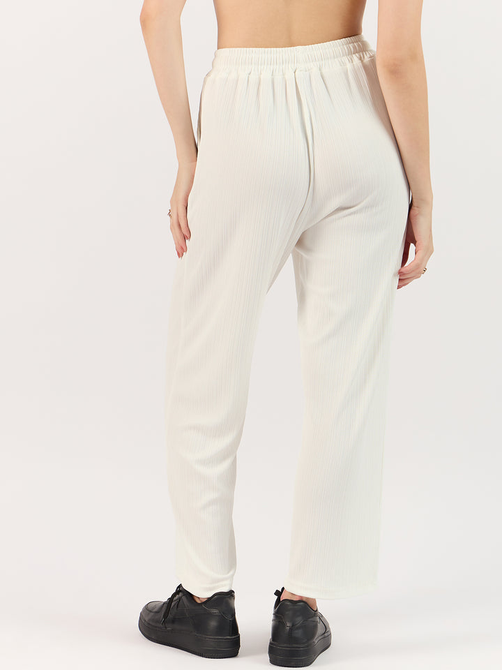 Solid White Textured Wide Leg Trouser
