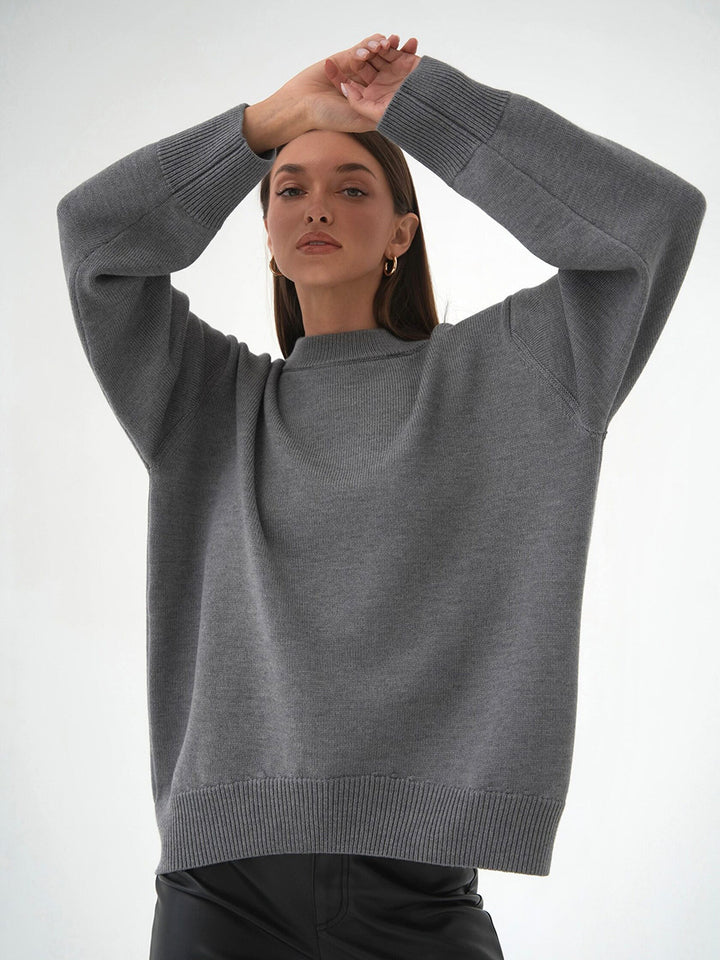 Grey Relaxed High Neck Solid Sweater