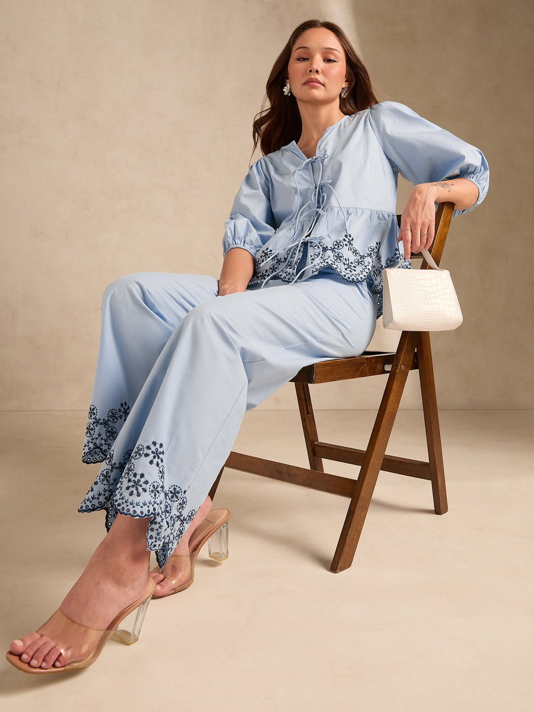 Blue Contrast Schiffli Regular Fit Shirt With Trouser