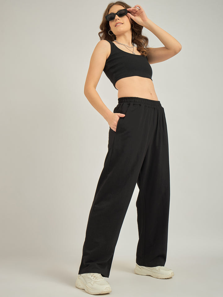 Black Solid Basic Wide Leg Sweatpants