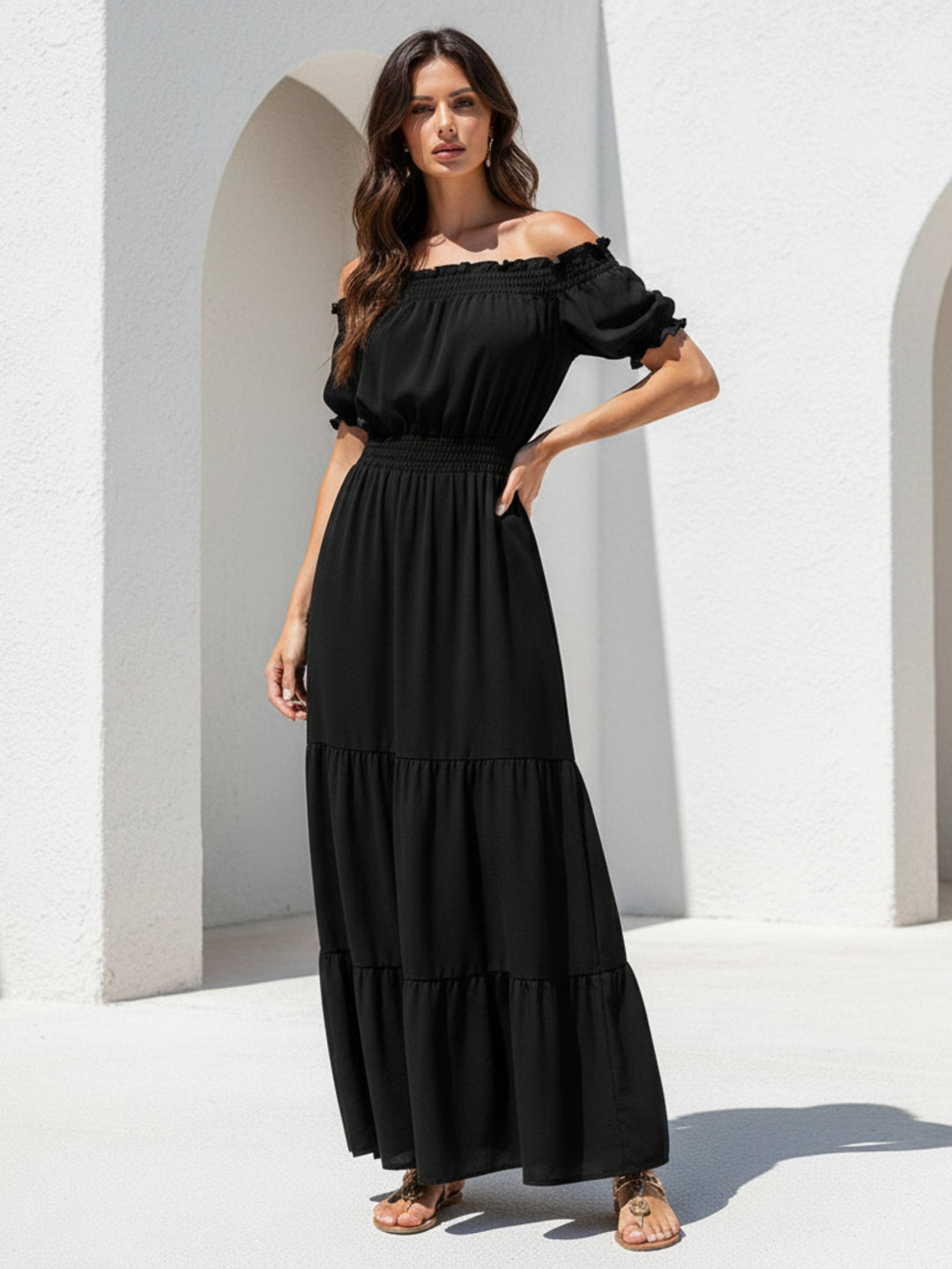 Black Short Sleeve Off Shoulder Dress
