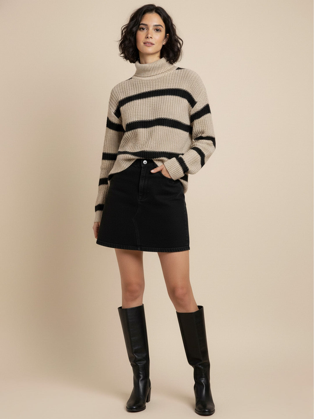 Beige High Neck Striper Sweater