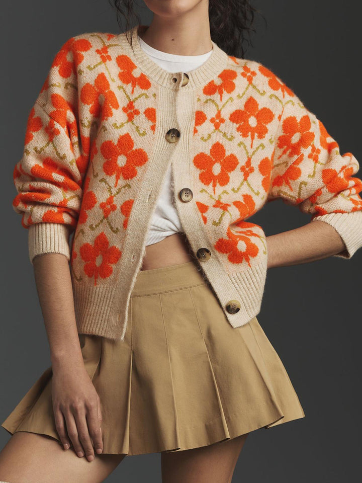 Orange Full Sleeves Printed Slouchy Cardigan