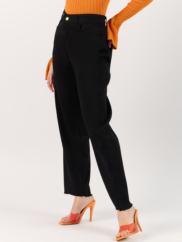 Black Freyed Hem Straight Denim Jeans